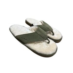 L.L. Bean‎ Womens 7 Suede Shearling Lined Slide Slippers Thong Olive Green